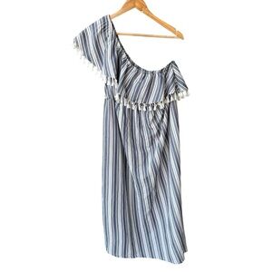 Isabel Maternity Dress Blue White Stripes One Shoulder Tassel Bohemian Sz Large